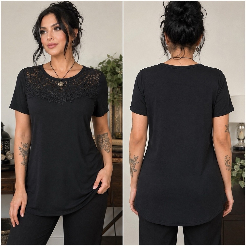 Lace Yoke Top XL Black Stretch Career Soft Goth Whimsigoth Cottagecore Boho Chic